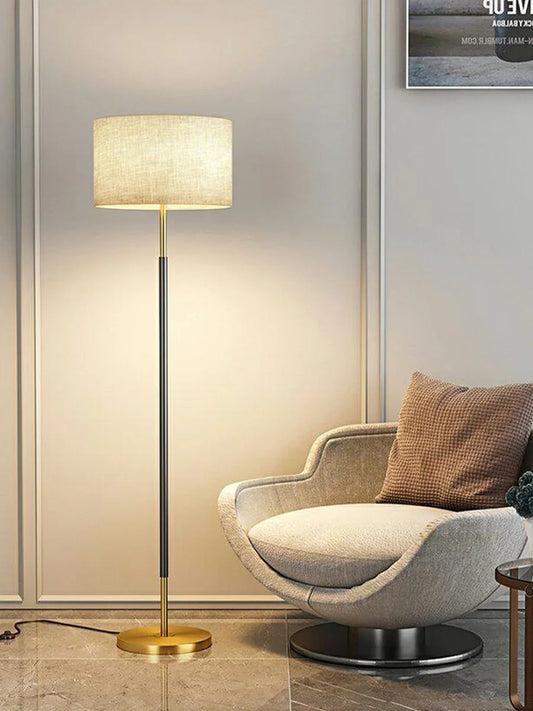 Floor Lamp — Nordic Minimalist Standing Light, Black Gold, Linen Shade, Bedroom Living Room
