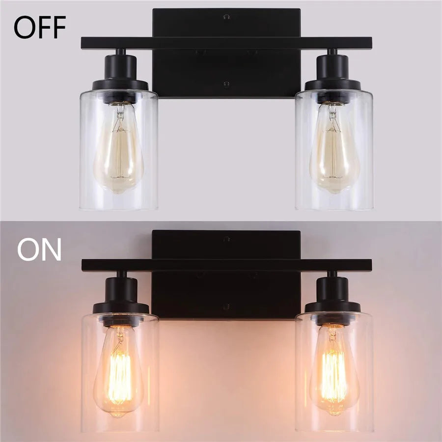 Bathroom Vanity Wall Sconce — 2-Light Vintage Industrial Glass Fixture, Matte Black