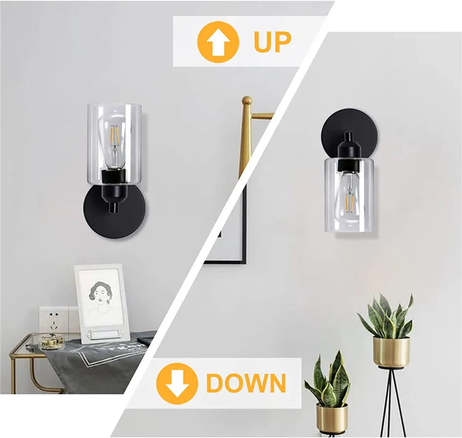 Bathroom Vanity Wall Sconce — 2-Light Vintage Industrial Glass Fixture, Matte Black