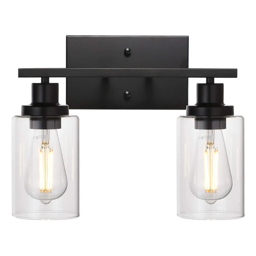 Bathroom Vanity Wall Sconce — 2-Light Vintage Industrial Glass Fixture, Matte Black