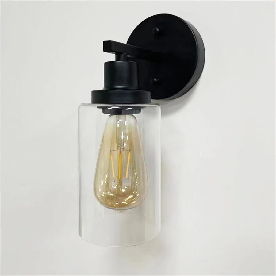 Bathroom Vanity Wall Sconce — 2-Light Vintage Industrial Glass Fixture, Matte Black