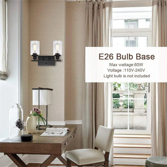 Bathroom Vanity Wall Sconce — 2-Light Vintage Industrial Glass Fixture, Matte Black