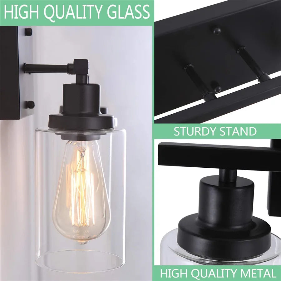 Bathroom Vanity Wall Sconce — 2-Light Vintage Industrial Glass Fixture, Matte Black