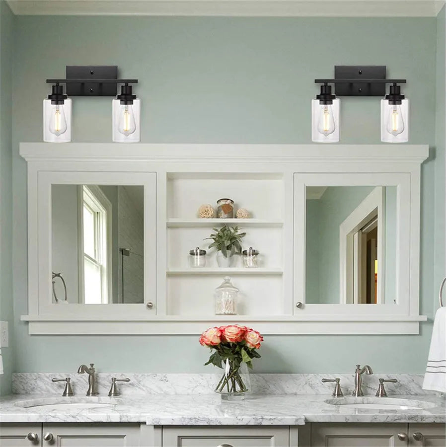 Bathroom Vanity Wall Sconce — 2-Light Vintage Industrial Glass Fixture, Matte Black