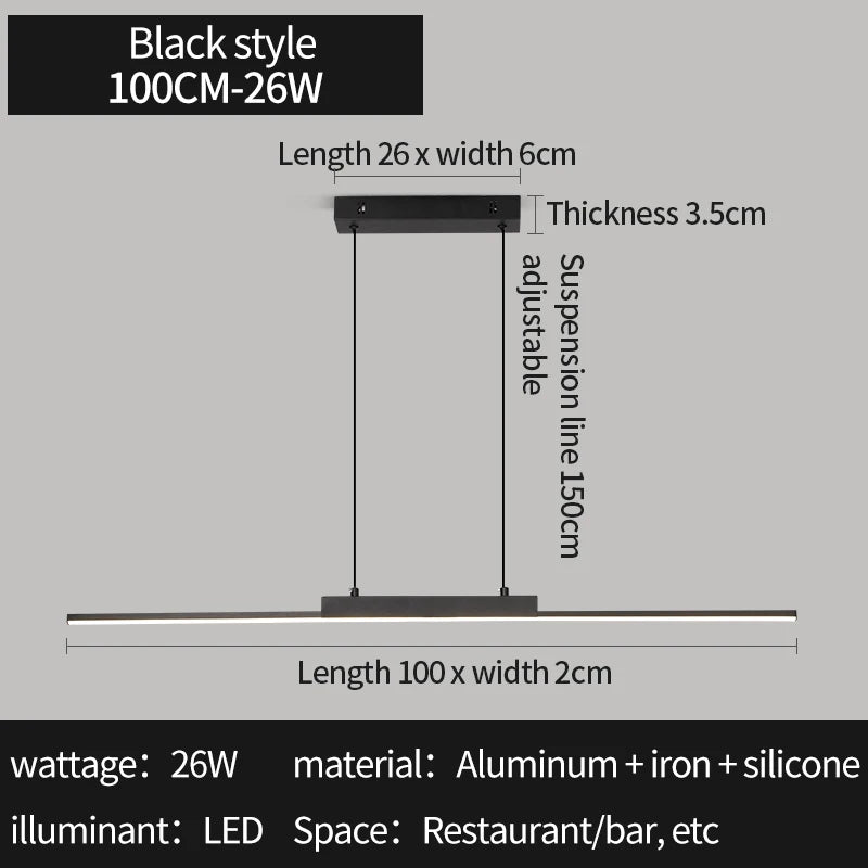 Linear Pendant Light — 26W Dimmable Long Chandelier, Dining Room Kitchen Living Room, Black