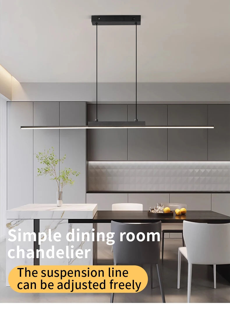 Linear Pendant Light — 26W Dimmable Long Chandelier, Dining Room Kitchen Living Room, Black