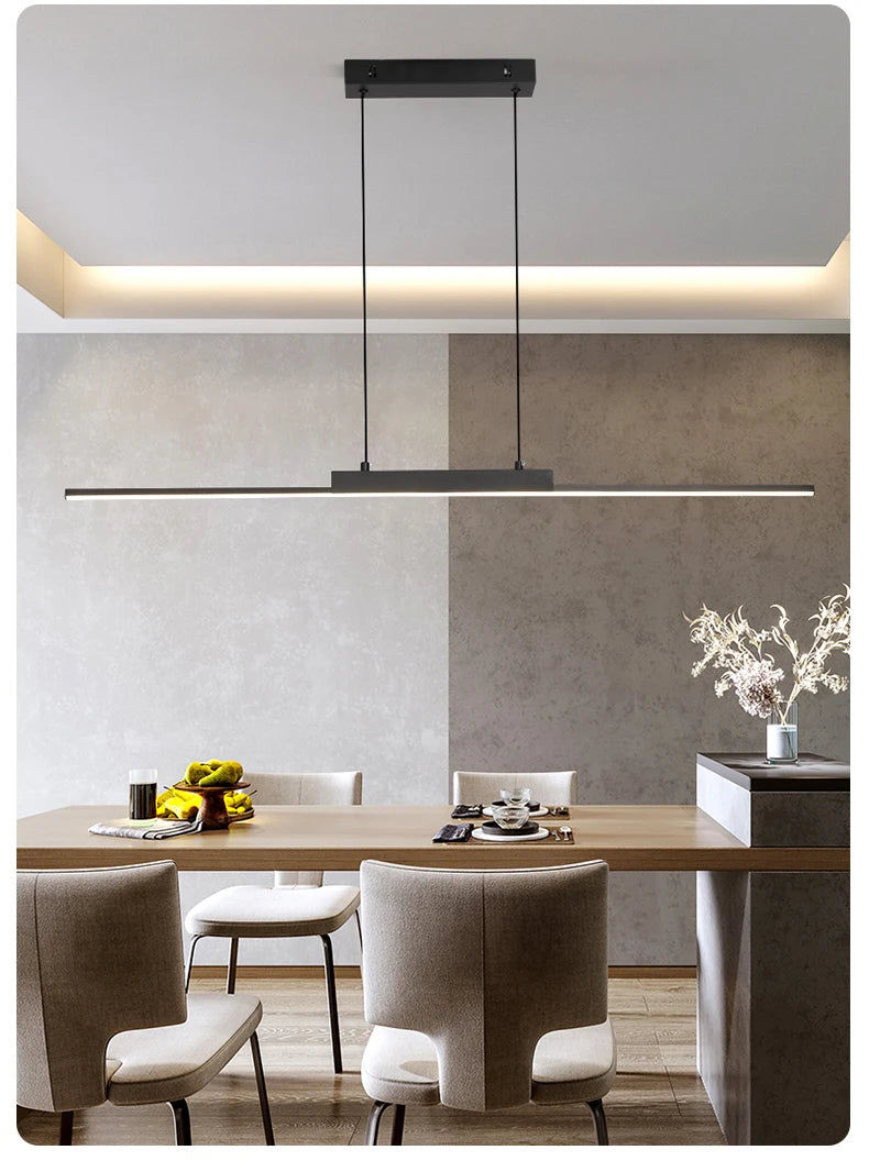 Linear Pendant Light — 26W Dimmable Long Chandelier, Dining Room Kitchen Living Room, Black
