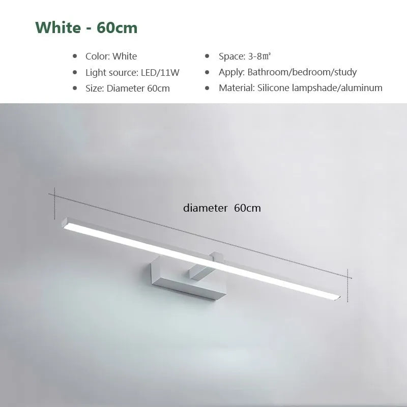 Bathroom Vanity Mirror Wall Light — Touch Switch, Slim Aluminum, Makeup Light, Black White