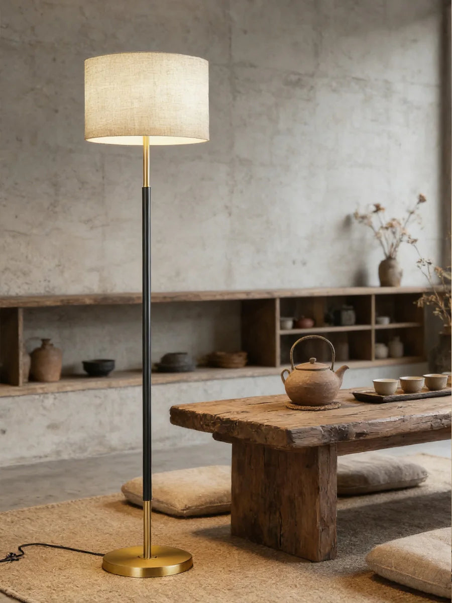Floor Lamp — Nordic Minimalist Standing Light, Black Gold, Linen Shade, Bedroom Living Room