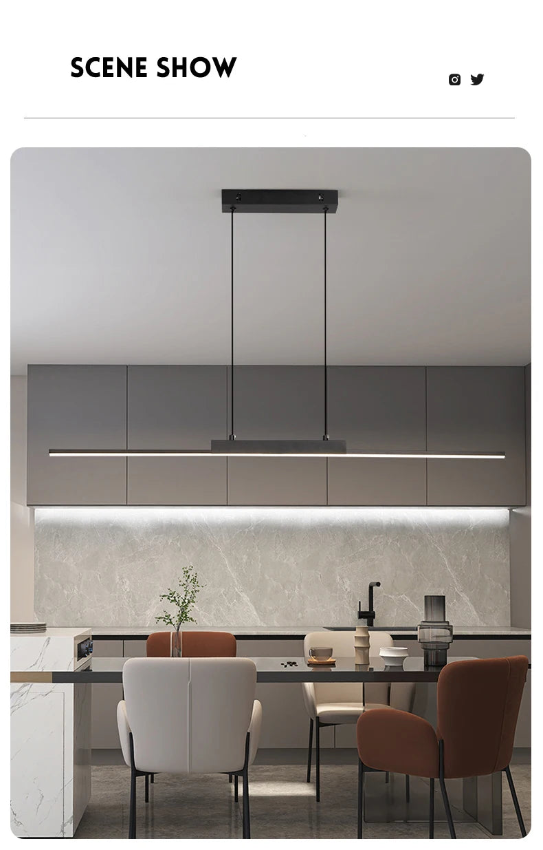 Linear Pendant Light — 26W Dimmable Long Chandelier, Dining Room Kitchen Living Room, Black