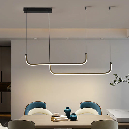 Gold Pendant Light — 26W Dimmable Linear Dining Room Chandelier, Adjustable Height, Gold Black