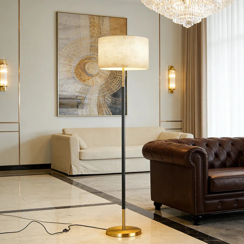 Floor Lamp — Nordic Minimalist Standing Light, Black Gold, Linen Shade, Bedroom Living Room
