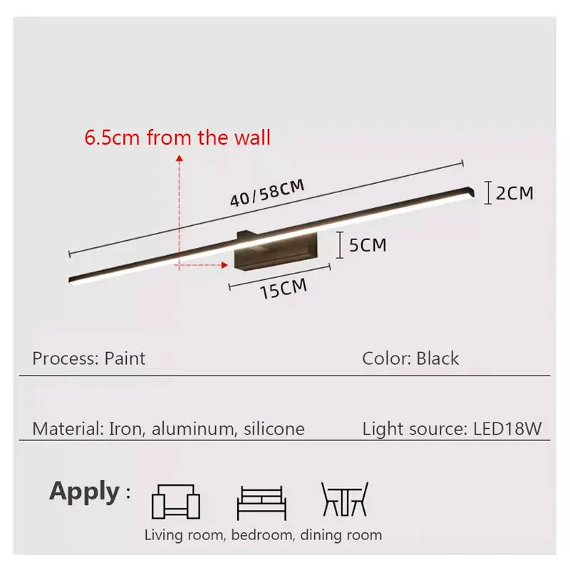 Bathroom Vanity Mirror Wall Light — Touch Switch, Slim Aluminum, Makeup Light, Black White