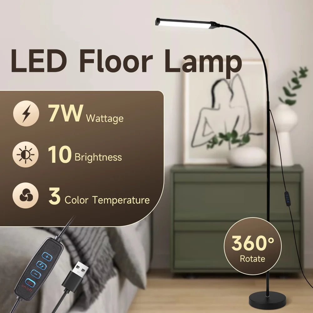 Floor Lamp — Dimmable USB Gooseneck Standing Light, RGB & White, Bedroom Living Room