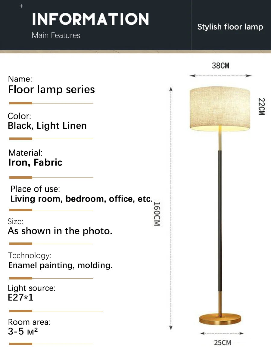 Floor Lamp — Nordic Minimalist Standing Light, Black Gold, Linen Shade, Bedroom Living Room