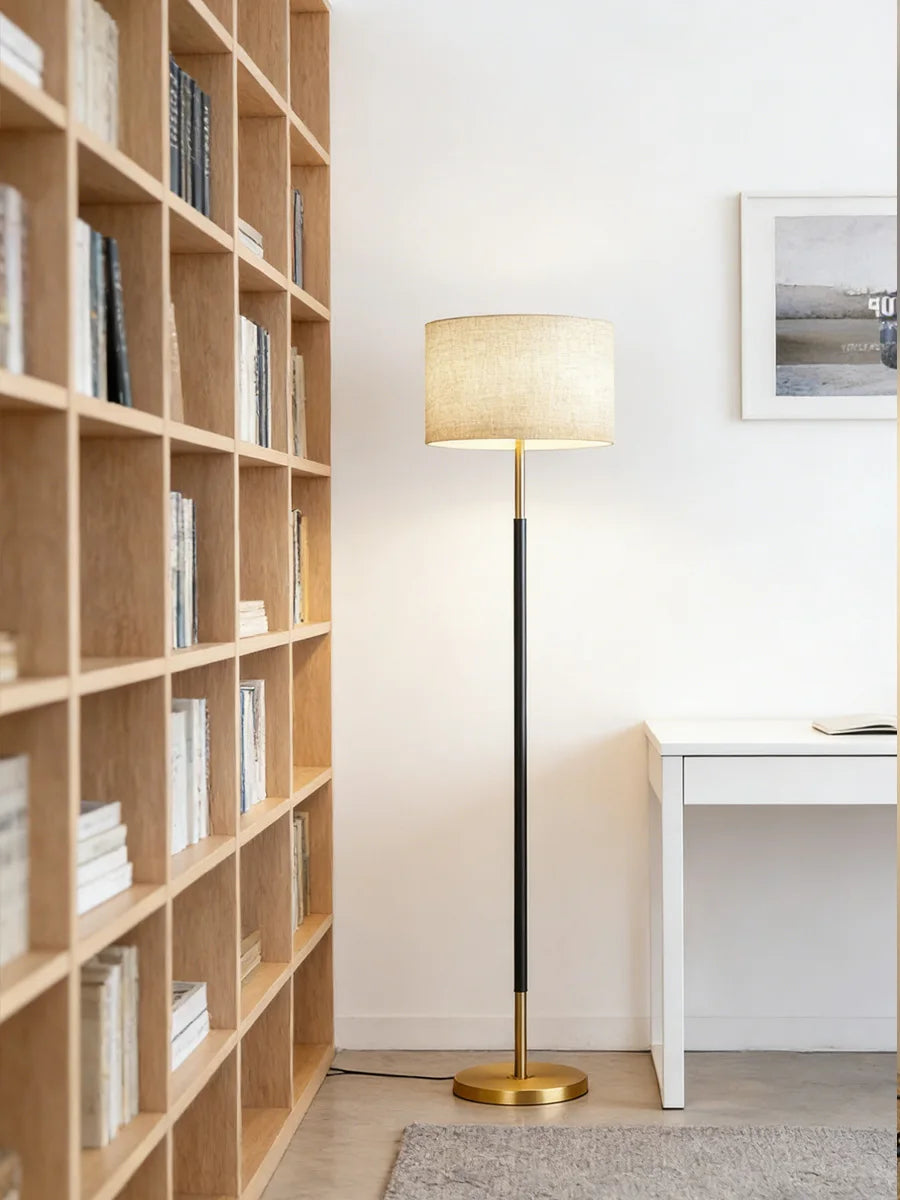Floor Lamp — Nordic Minimalist Standing Light, Black Gold, Linen Shade, Bedroom Living Room