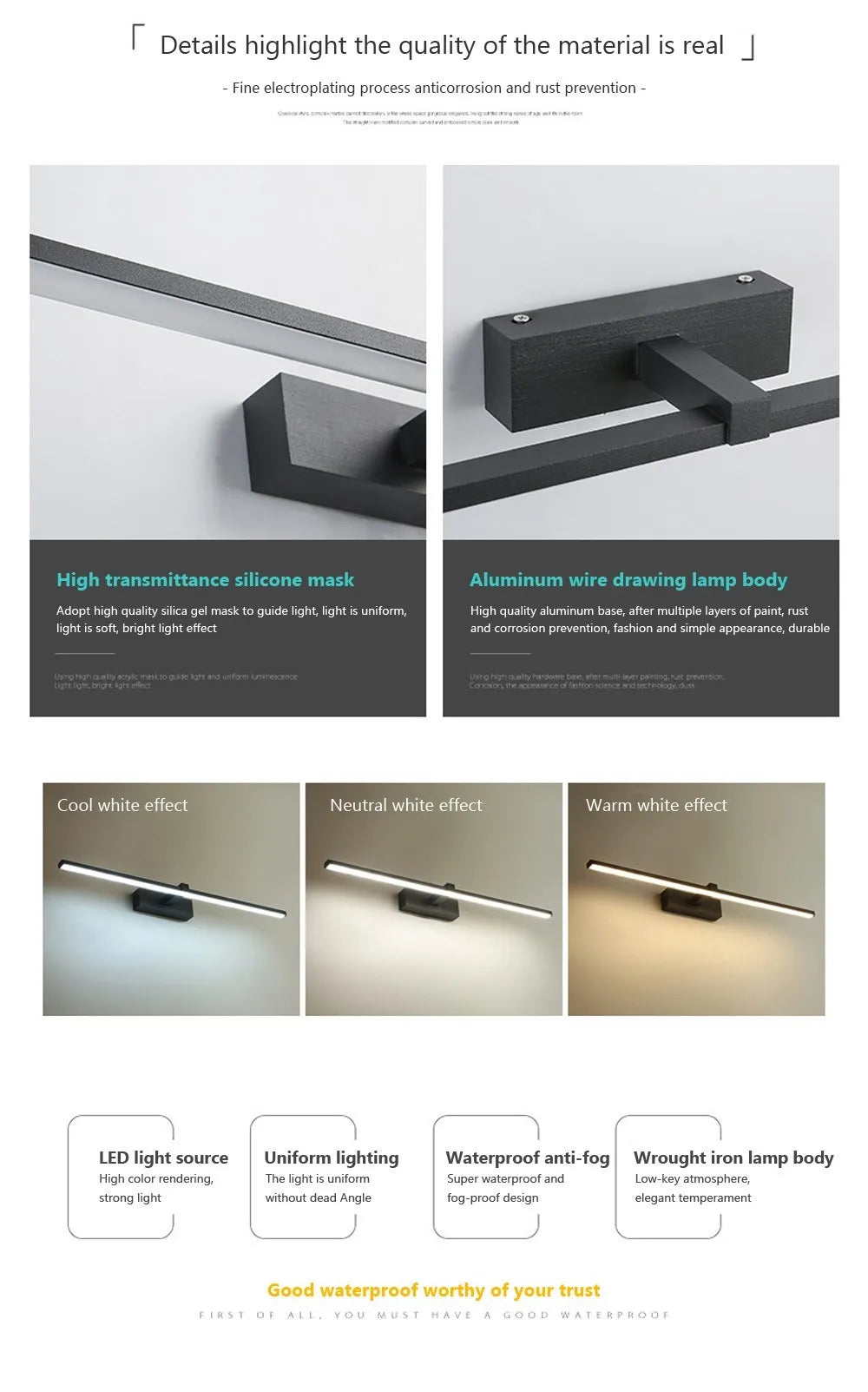 Bathroom Vanity Mirror Wall Light — Touch Switch, Slim Aluminum, Makeup Light, Black White