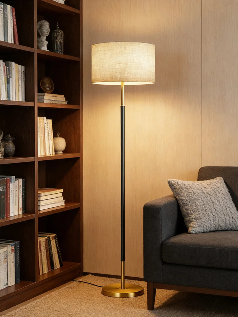 Floor Lamp — Nordic Minimalist Standing Light, Black Gold, Linen Shade, Bedroom Living Room