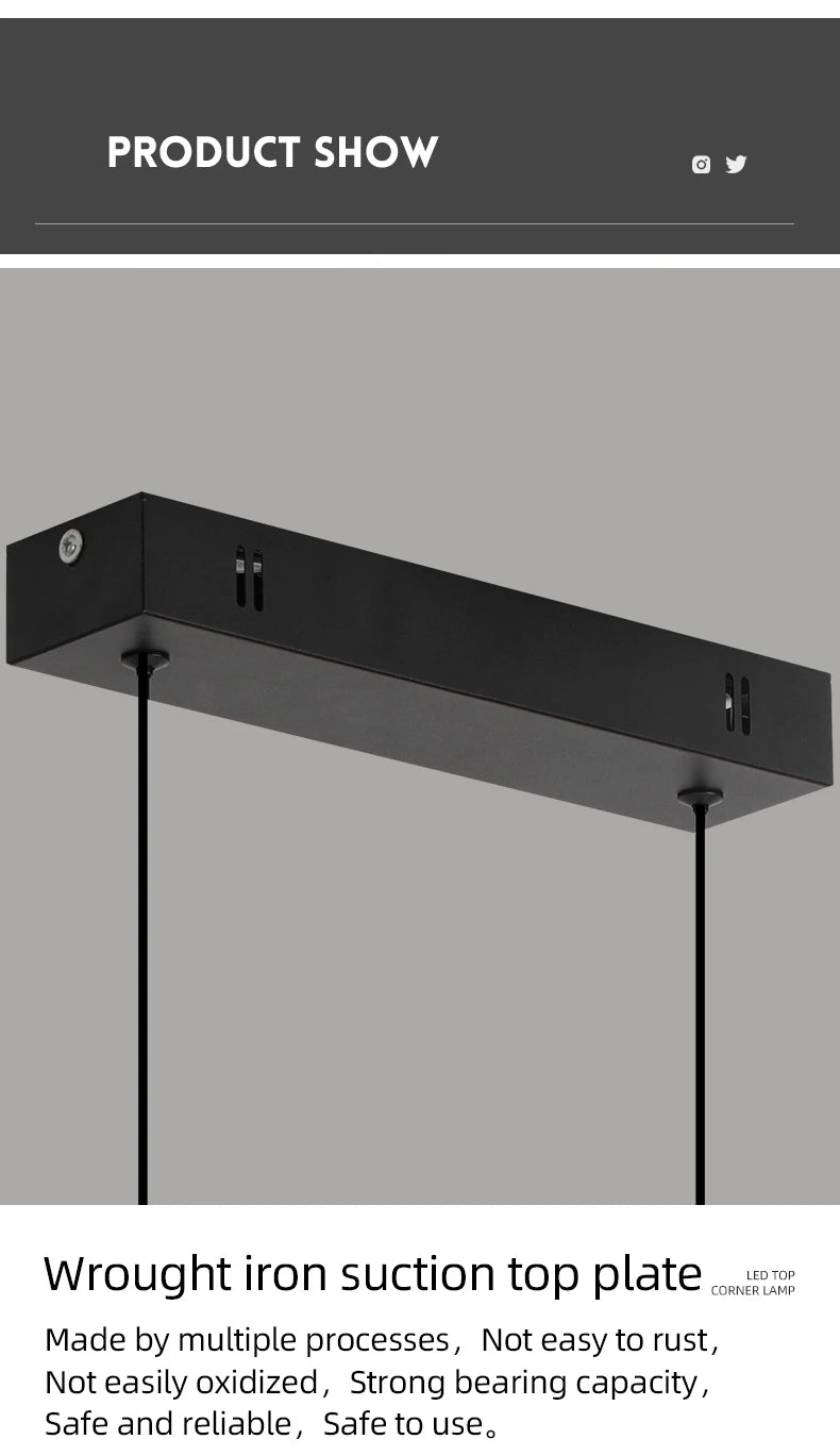Linear Pendant Light — 26W Dimmable Long Chandelier, Dining Room Kitchen Living Room, Black