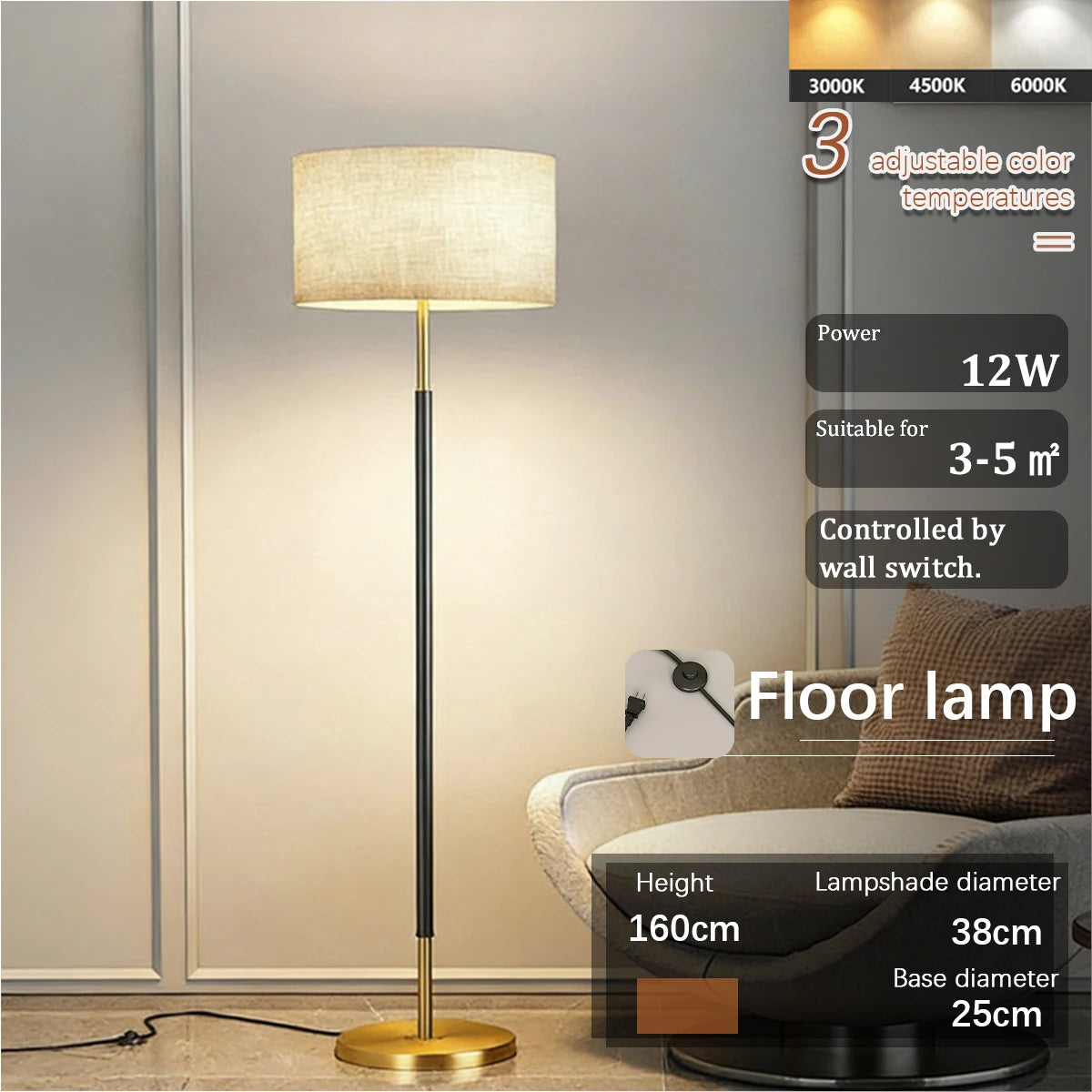 Floor Lamp — Nordic Minimalist Standing Light, Black Gold, Linen Shade, Bedroom Living Room