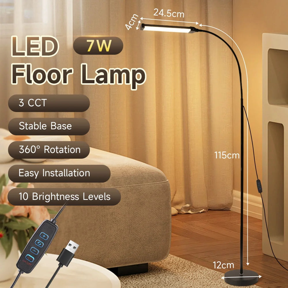 Floor Lamp — Dimmable USB Gooseneck Standing Light, RGB & White, Bedroom Living Room