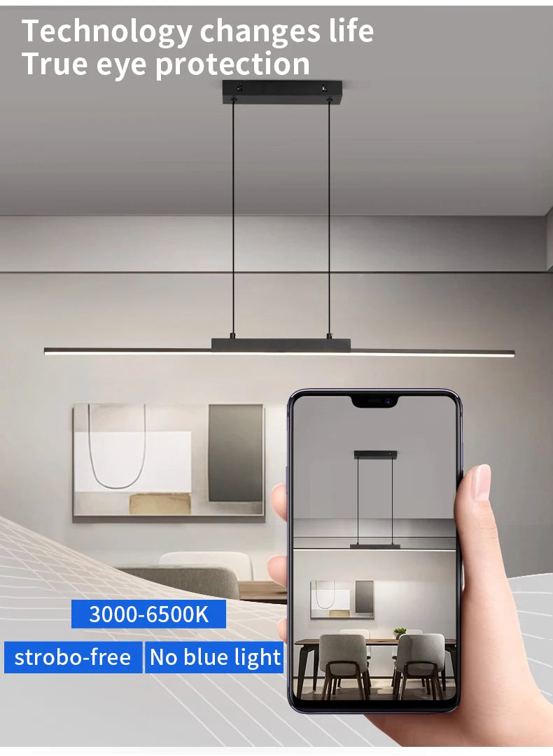 Linear Pendant Light — 26W Dimmable Long Chandelier, Dining Room Kitchen Living Room, Black