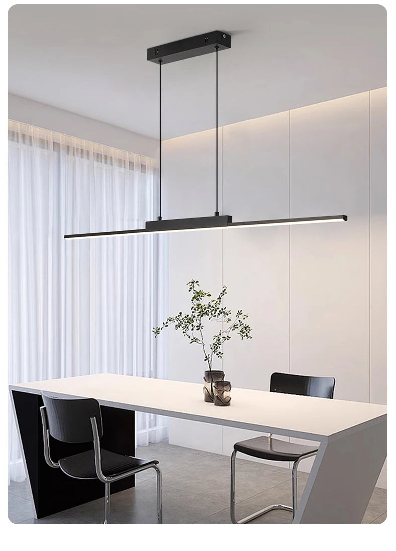 Linear Pendant Light — 26W Dimmable Long Chandelier, Dining Room Kitchen Living Room, Black