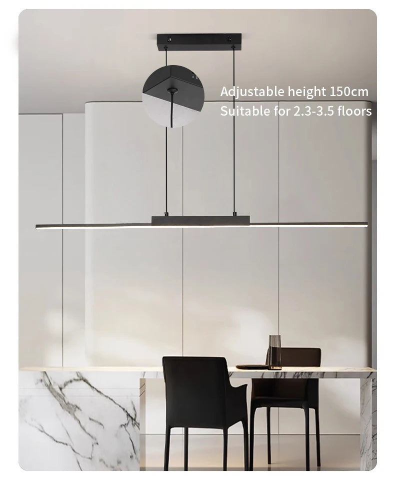 Linear Pendant Light — 26W Dimmable Long Chandelier, Dining Room Kitchen Living Room, Black
