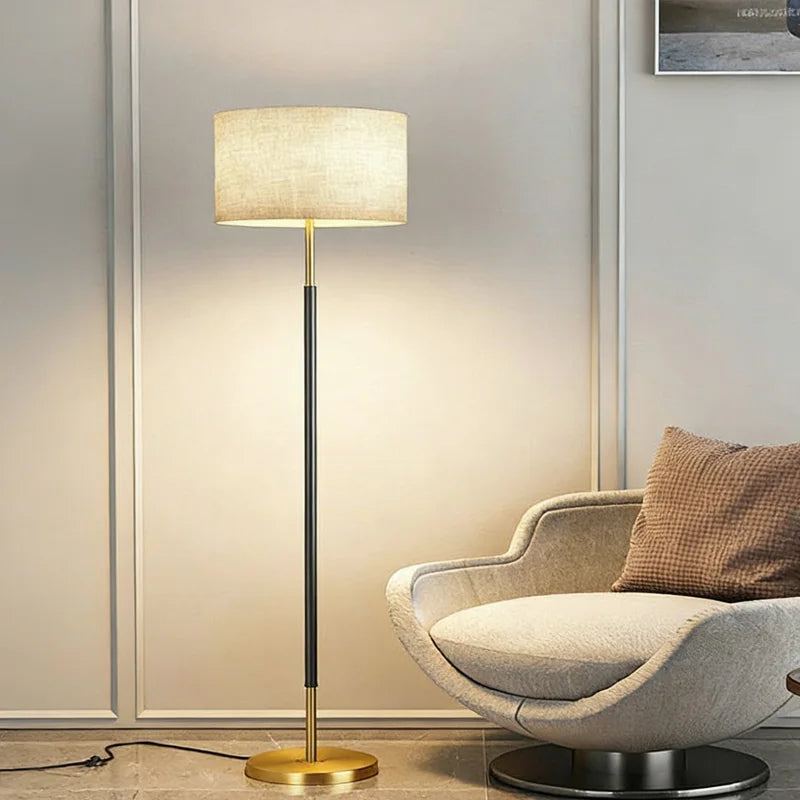 Floor Lamp — Nordic Minimalist Standing Light, Black Gold, Linen Shade, Bedroom Living Room